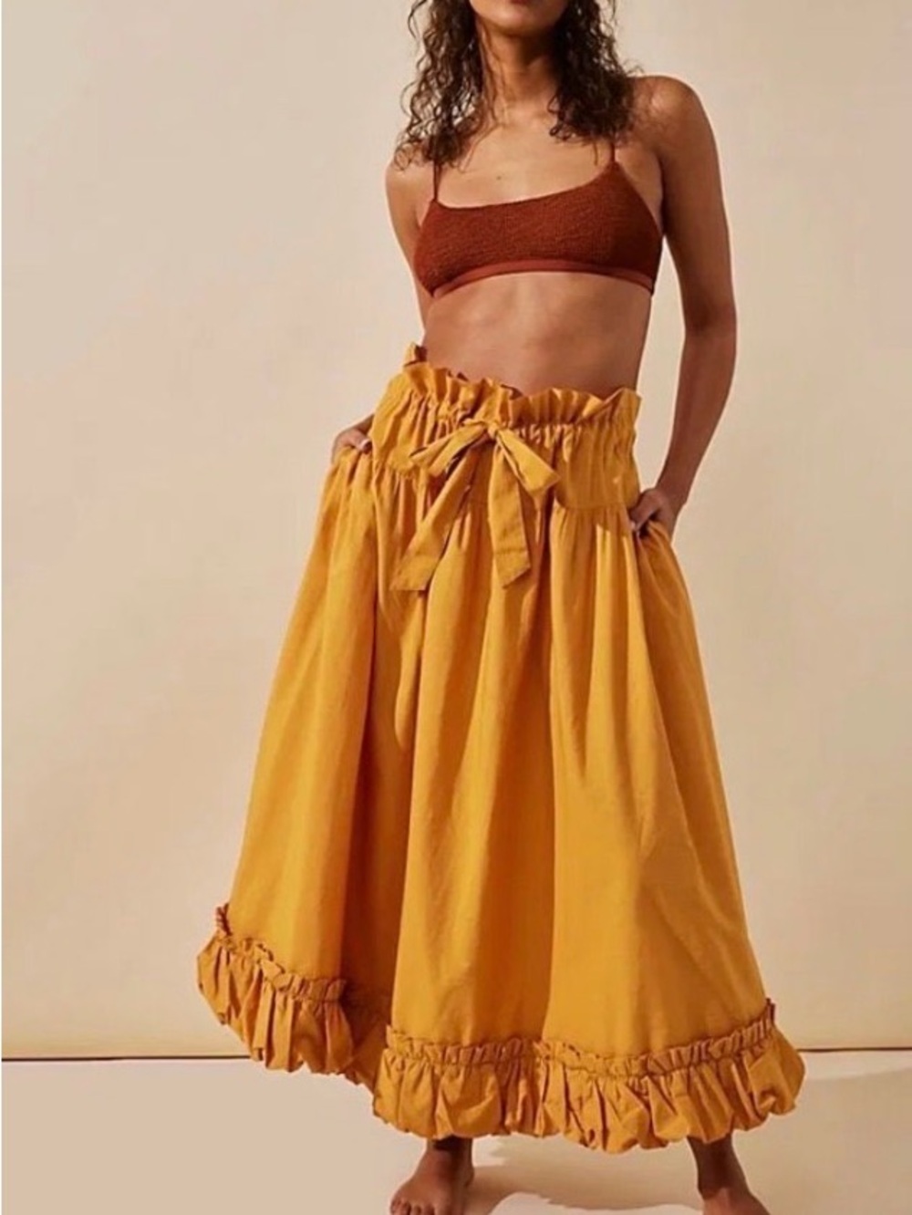 ☀️ Free People Favorite Part Midi Skirt Orange Yellow Boho Slip Skirt Size Small